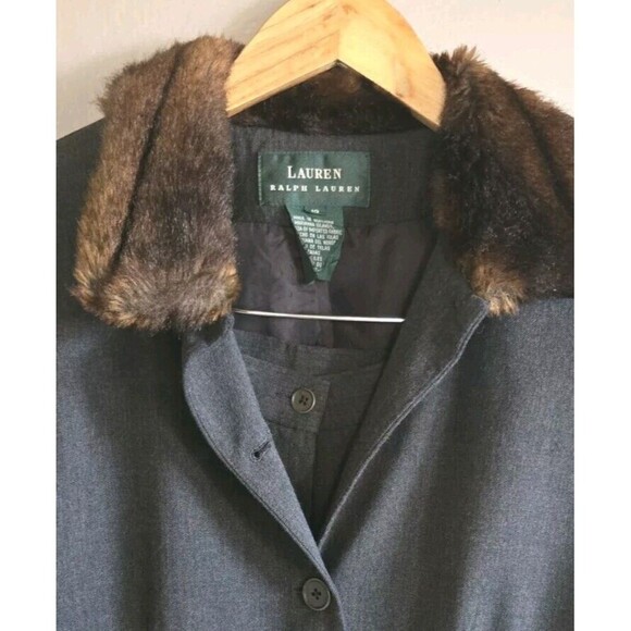 Ralph Lauren Pant Jacket Suit Women 10 Gray Faux Fur Collar Worsted Wool Vintage - Picture 2 of 10